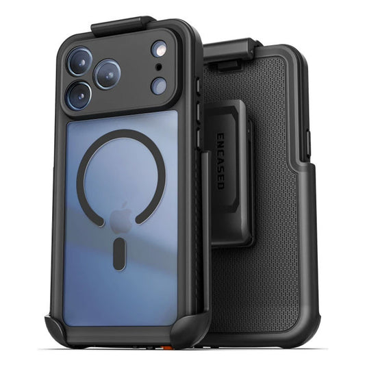 Encased Titan Waterproof Case iPhone 17 Pro with Belt Clip Holster - Black/Clear